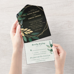 Invitación Todo En Uno Marco geométrico y negro con Rsvp verde