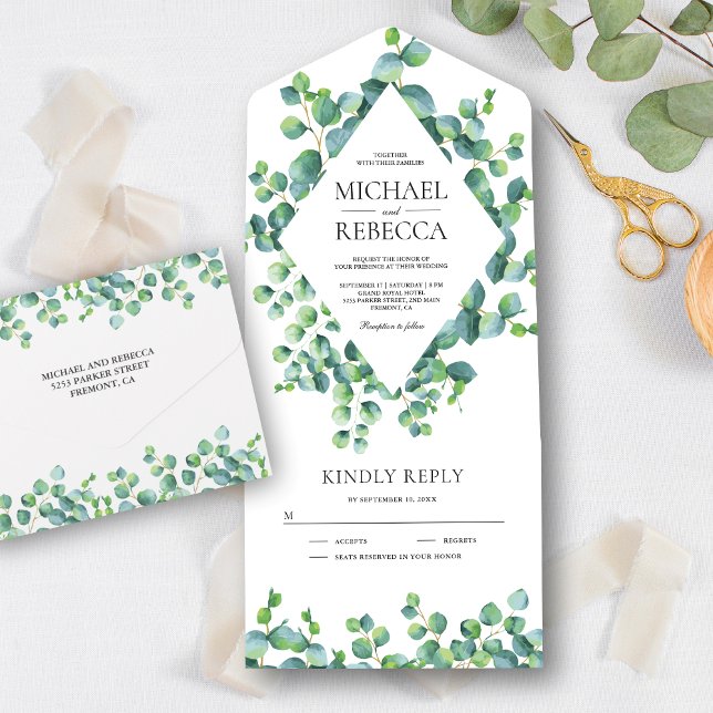 Invitación Todo En Uno Marco moderno de diamante Eucalyptus deja Boda (Subido por el creador)
