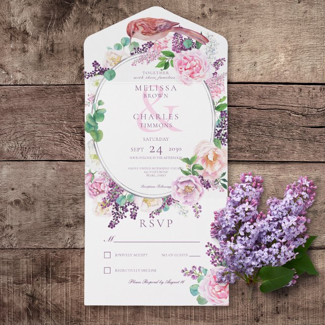 Invitación Todo En Uno Marco romántico de ovalación floral y rosa sin cen (Romantic Lilac & Pink Floral Oval Frame All In One Wedding Invitation without Dinner Options)