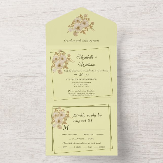 Invitación Todo En Uno Marco Rosa - Boda amarillo celestial (Interior)