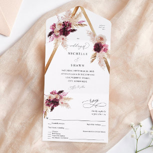 Invitación Todo En Uno Marco rosa Boho Pampas Grasa Floral