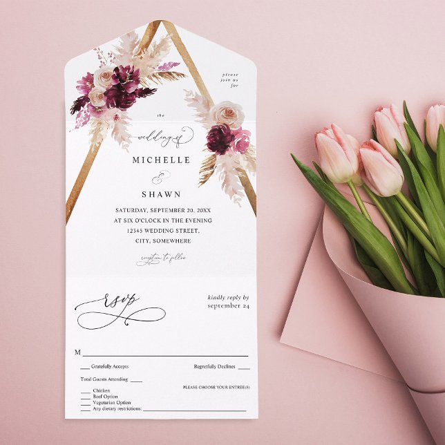 Invitación Todo En Uno Marco rosa Boho Pampas Grasa Floral 2 (Subido por el creador)