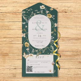 Invitación Todo En Uno Marco rústico de flores silvestres Código QR verde