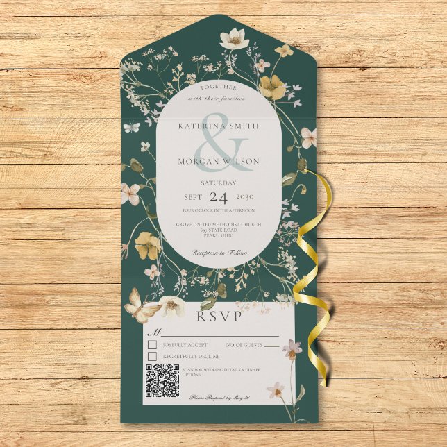 Invitación Todo En Uno Marco rústico de flores silvestres Código QR verde (Subido por el creador)