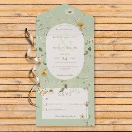 Invitación Todo En Uno Marco rústico de flores silvestres de color verde 