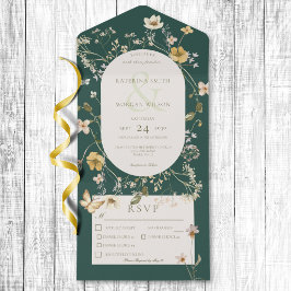 Invitación Todo En Uno Marco rústico de flores silvestres verde esmeralda