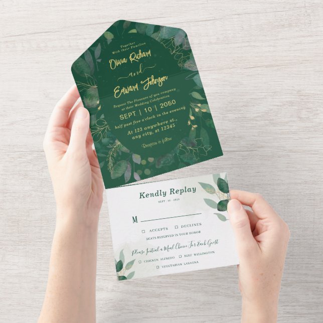 Invitación Todo En Uno Marco verde con oro y Boda verde Rsvp (desgarro)