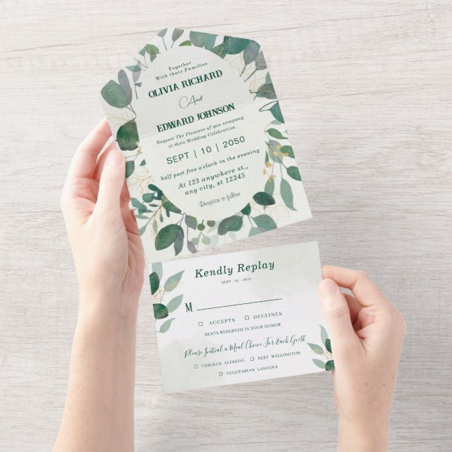 Invitación Todo En Uno Marco verde y hojas de oro con Boda Rsvp (desgarro)