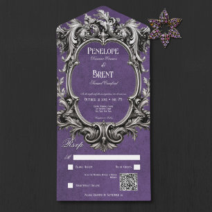 Invitación Todo En Uno Marco victoriano gótico morado morado código QR