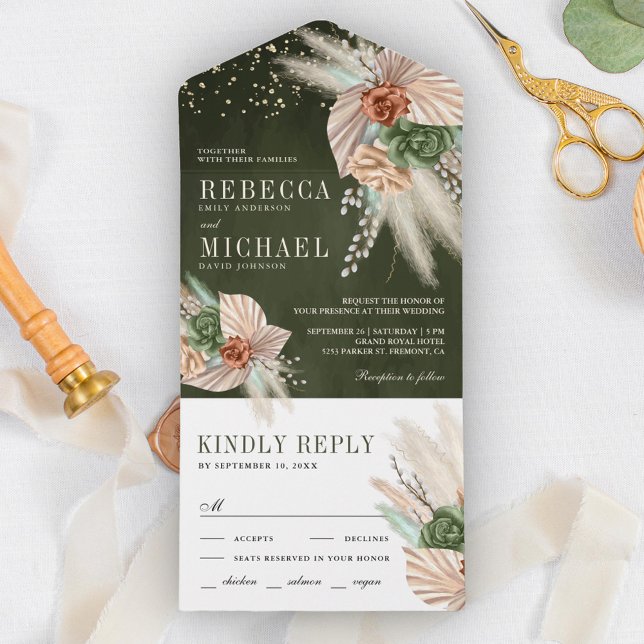 Invitación Todo En Uno Marfil Palm Earthy Floral Pampas Sage Green Boda (Subido por el creador)