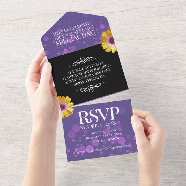 Invitación Todo En Uno Margaritas Elegantes Doradas con Boda de Purpurina (desgarro)