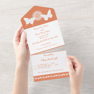 Invitación Todo En Uno Margaritas y Mariposas en Coral