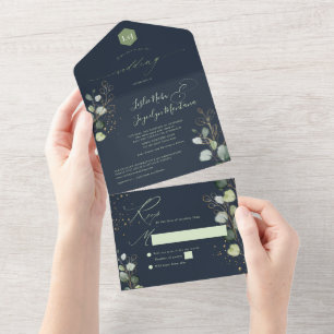 Invitación Todo En Uno Marina de Eucaliptos de Oro Verde H2 de PixDezines