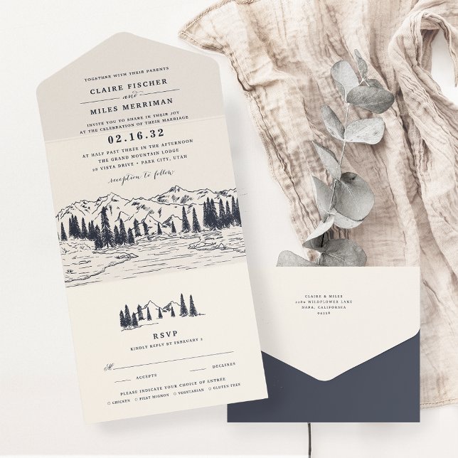 Invitación Todo En Uno Marina Oscura | Boda de Sketch de montaña (Subido por el creador)