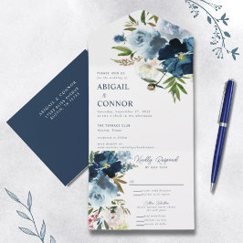 Invitación Todo En Uno Marina y Dusty Blue Elegent acuarela floral