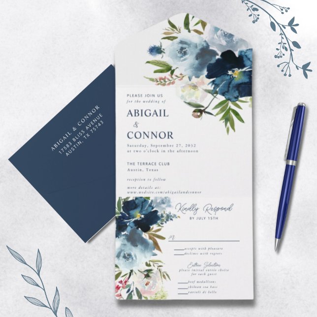 Invitación Todo En Uno Marina y Dusty Blue Elegent acuarela floral (Subido por el creador)