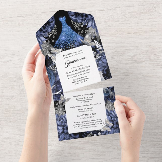 Invitación Todo En Uno Mariposa azul de plata brillante cumpleaños (desgarro)