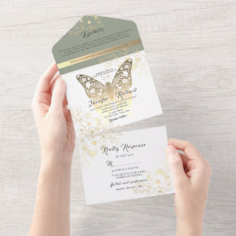 Invitación Todo En Uno Mariposa Dorada Verde Salvia Boda
