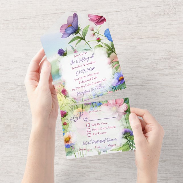 Invitación Todo En Uno Mariposas acuarelas caprichosas y boda floral (desgarro)