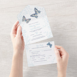Invitación Todo En Uno mariposas crema azul boda rallan comida RSVP