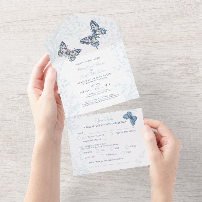 Invitación Todo En Uno mariposas crema azul boda rallan comida RSVP (desgarro)