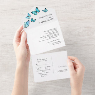Invitación Todo En Uno Mariposas de lujo azules. Boda elegante y aireada