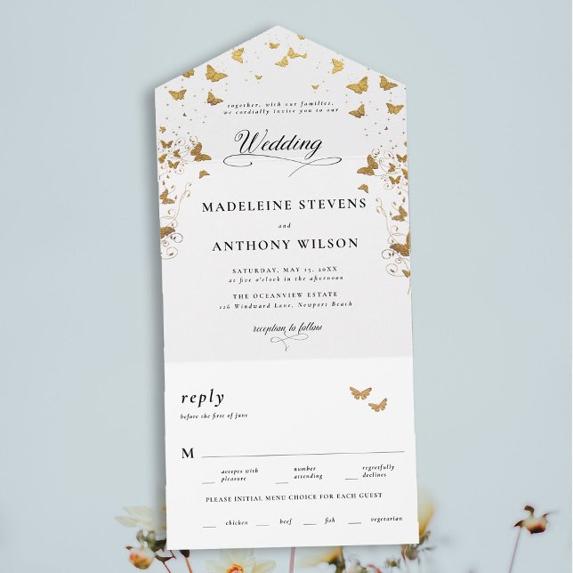 Invitación Todo En Uno Mariposas Elegante caligrafía Boda romántico (butterflies garden theme modern romantic elegant calligraphy minimalist all in one trifold wedding)