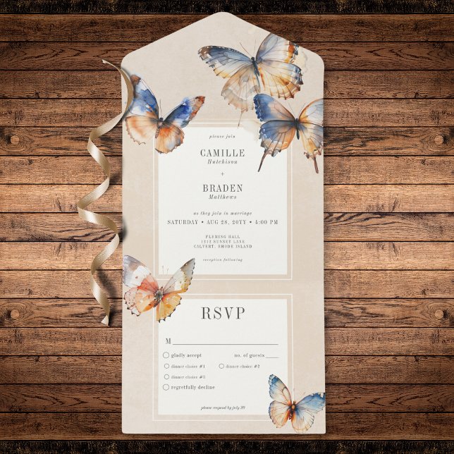 Invitación Todo En Uno Mariposas Mínimas Modernas Azules y Óxeles Tan Cen (Modern Minimal Blue & Rust Butterflies Dinner All In One Invitation)