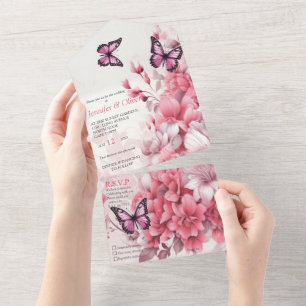 Invitación Todo En Uno Mariposas y flores en diferentes tonalidades de ro