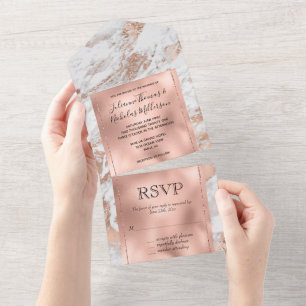 Invitación Todo En Uno Mármol Blanco Glitz de oro Rosa