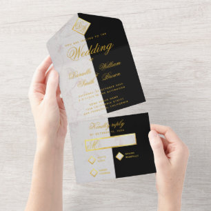 Invitación Todo En Uno Mármol Blanco Negro Monograma con Hoja de Oro Fals