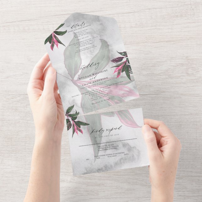 Invitación Todo En Uno Mármol gris rosado tropical filodendro (desgarro)