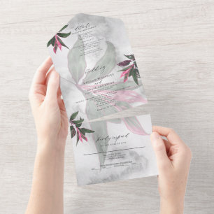 Invitación Todo En Uno Mármol gris rosado tropical filodendro