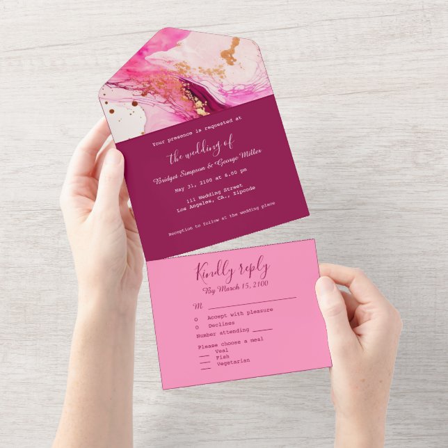 Invitación Todo En Uno mármol rosa y elegante (desgarro)