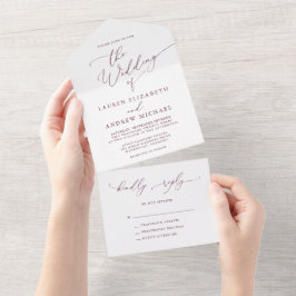 Invitación Todo En Uno Maroon romántico Boda Minimalista de Borgoña