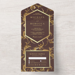 Invitación Todo En Uno Marrón Espresso Dorado Hoja de Flourish Remolino B