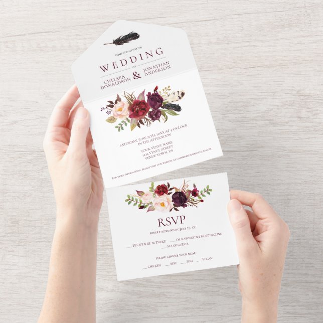 Invitación Todo En Uno Marsala Burgundy Red Boho Floral | (desgarro)