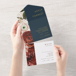 Invitación Todo En Uno Marsala Otoño Floral | Sello de Marina y Envío