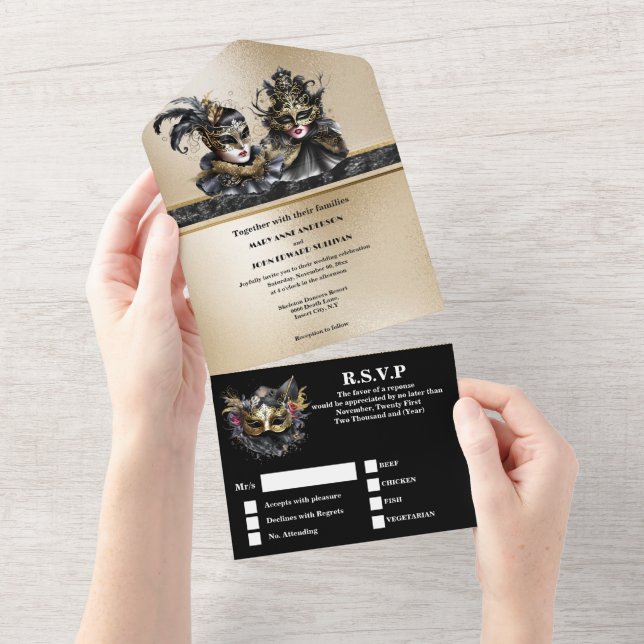 Invitación Todo En Uno Máscara de máscara de oro negro elegante boda (desgarro)