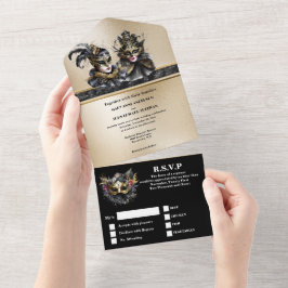 Invitación Todo En Uno Máscara de máscara de oro negro elegante boda