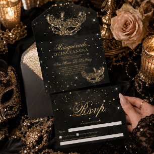 Invitación Todo En Uno Máscara de máscara dorada brillo quinceañera sepia