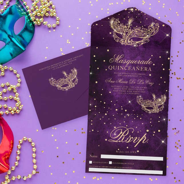 Invitación Todo En Uno Máscara de mascarada moda purpurina de oro quincea (Subido por el creador)
