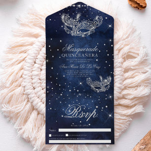Invitación Todo En Uno Máscara de mascarada moda purpurina de plata quinc