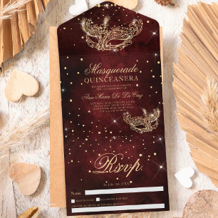 Invitación Todo En Uno Máscara de mascarada purpurina de oro quinceanera