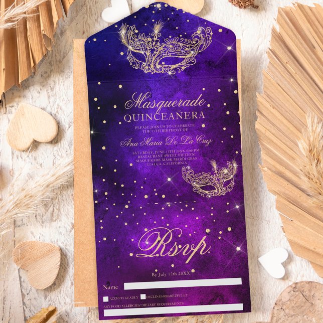 Invitación Todo En Uno Máscara de mascarada purpurina de oro quinceanera  (Subido por el creador)