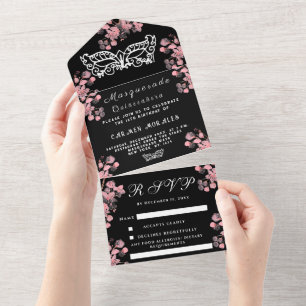 Invitación Todo En Uno Mascarada Mascarada Cerezo Blossom Rosa Quinceaner