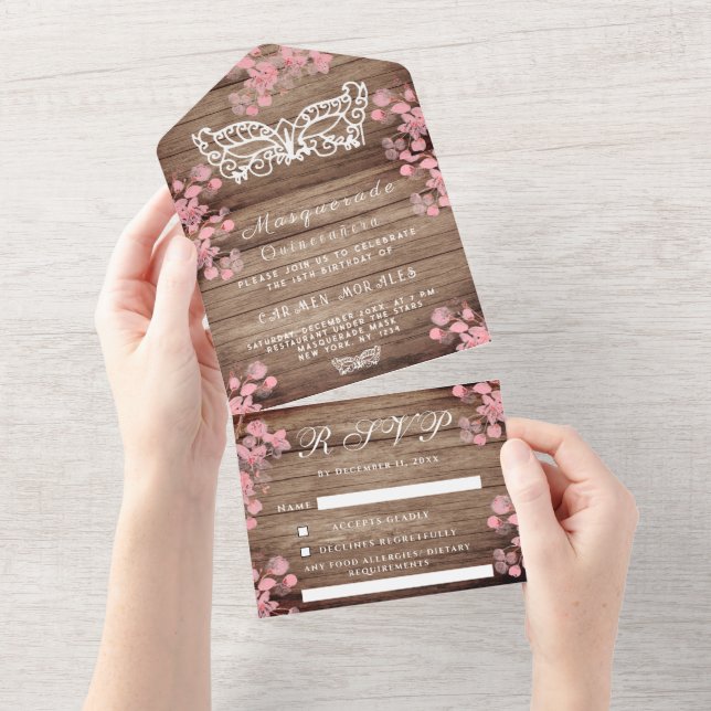 Invitación Todo En Uno Mascarada Mascarada Cerezo Florera Quinceanera (desgarro)