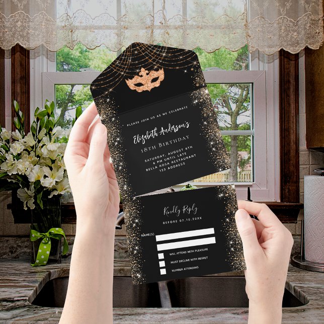 Invitación Todo En Uno Mascareta de oro negro de cumpleaños de mascarada  (Subido por el creador)