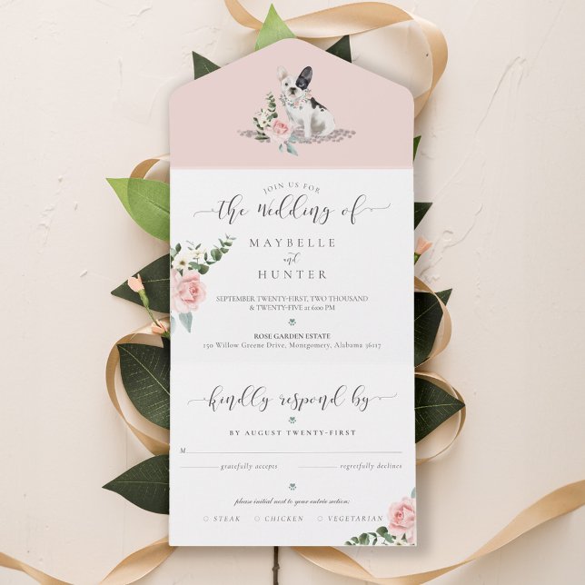 Invitación Todo En Uno Mascota de Bulldog francés acuarela y rosa rosa fl (Watercolor French Bulldog Pet & Floral Pink Rose All In One Invitation)