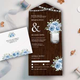 Invitación Todo En Uno Mason Jar Dusty Blue Floral Boda